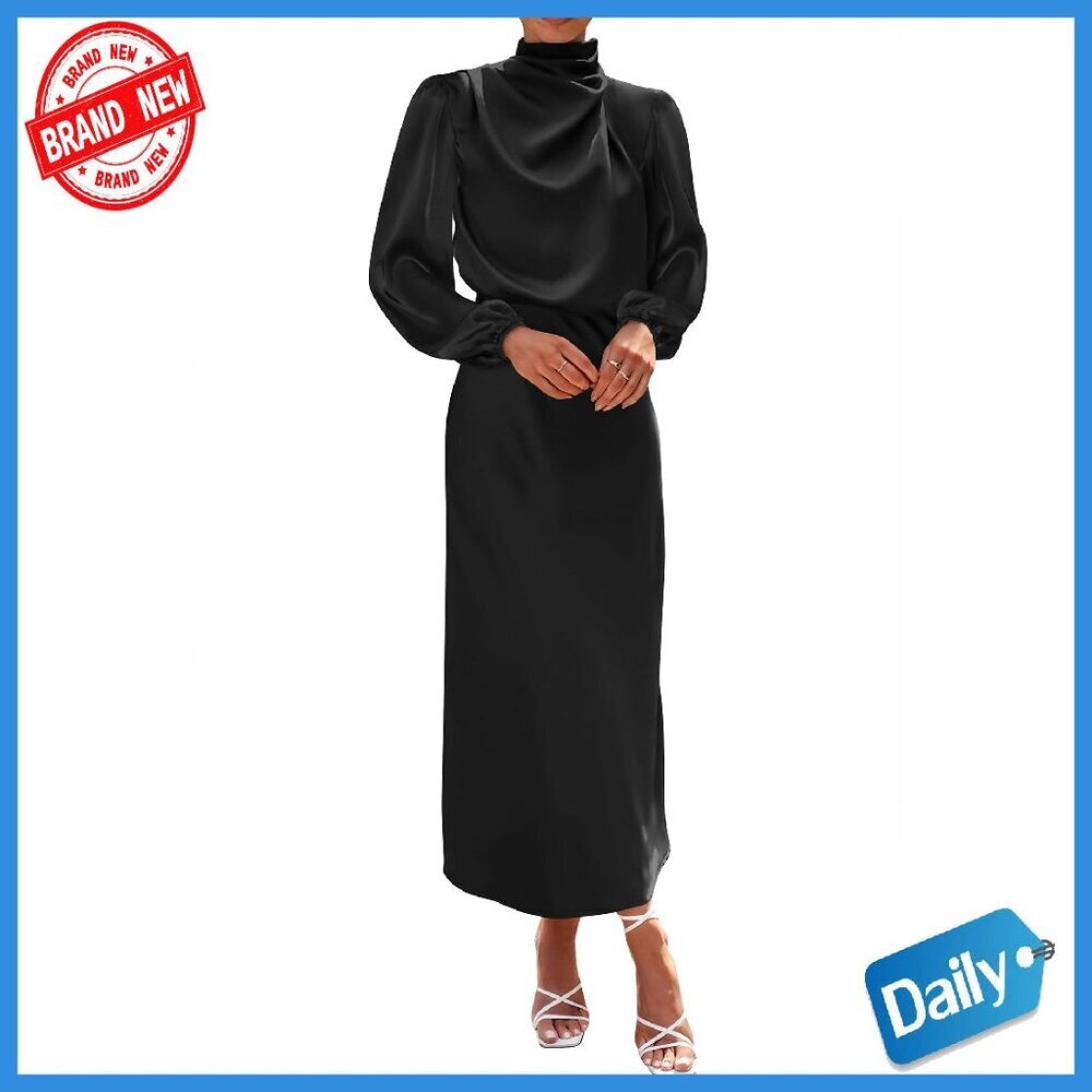 Mock Neck Satin Maxi Dress Long Sleeve Formal Wedding Cocktail